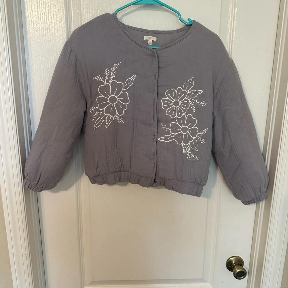 Tahari Girl Floral Embroidered Grey Quilted Jacket Size 12